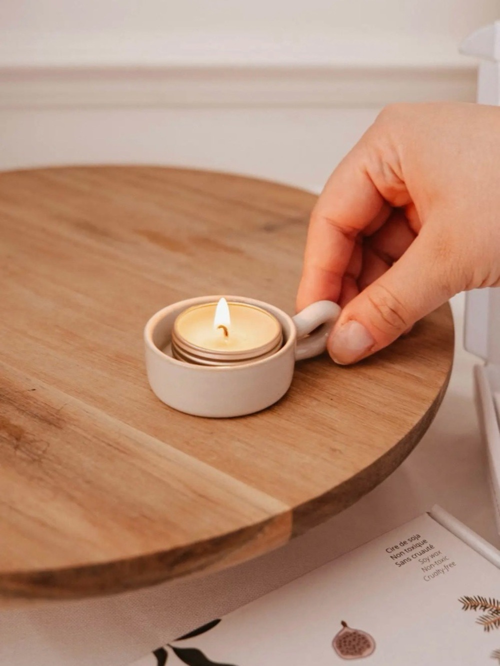 Minimal Ceramic Tealight Holder with Handle - Beige